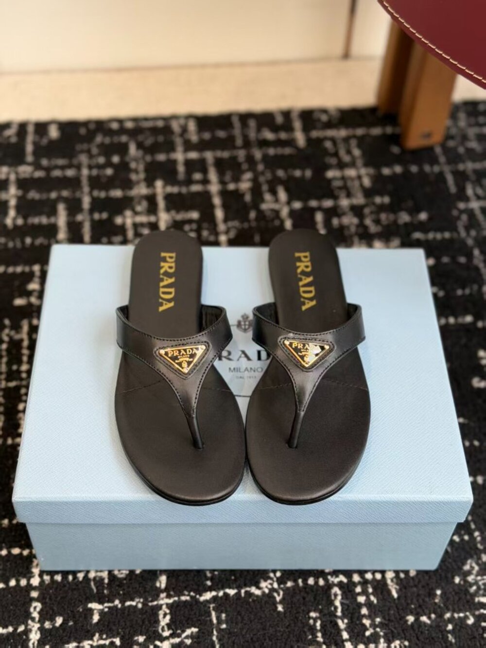 Prada Black Thong Flip Flop Sandals Gold Triangle Logo Slip On Flats